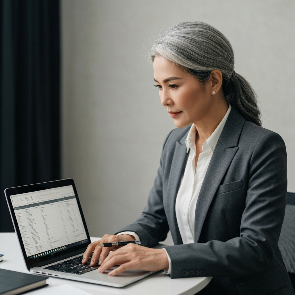 Professional woman writing and working on financial documents